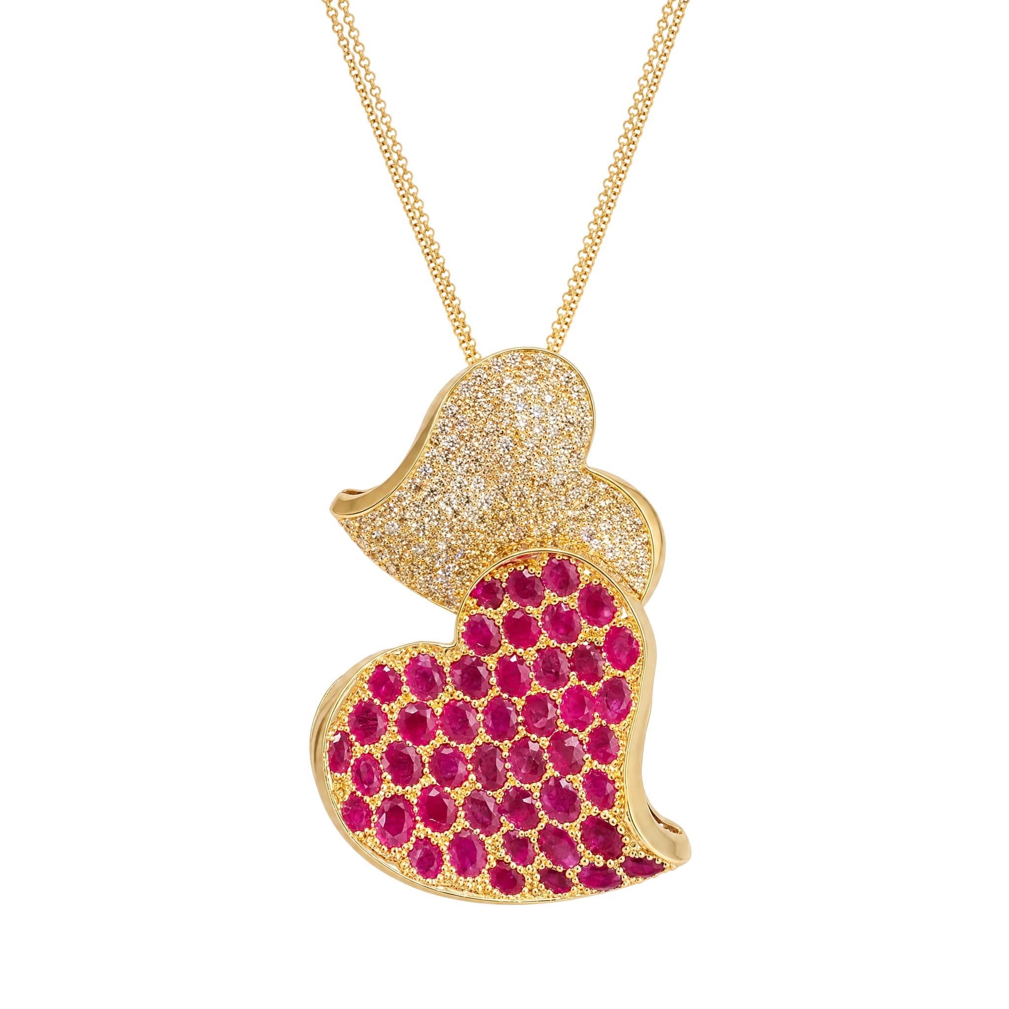 Double Heart Ruby Diamond Pendant